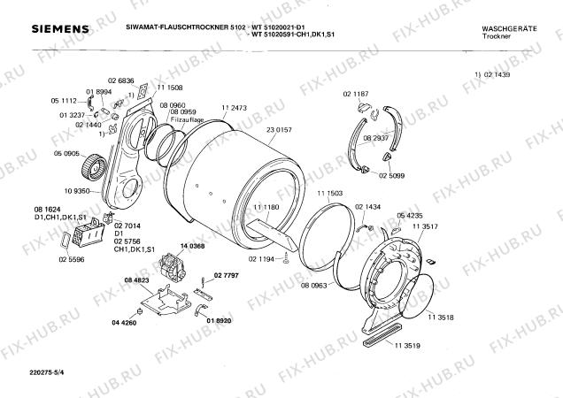 Взрыв-схема сушильной машины Siemens WT51020591 FLAUSCHTROCKNER 5102 - Схема узла 04