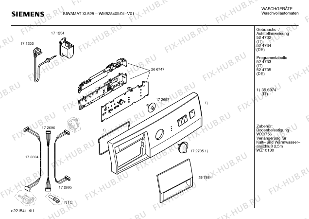 Схема №1 WM52840II SIWAMAT XL 528 с изображением Таблица программ для стиральной машины Siemens 00524735