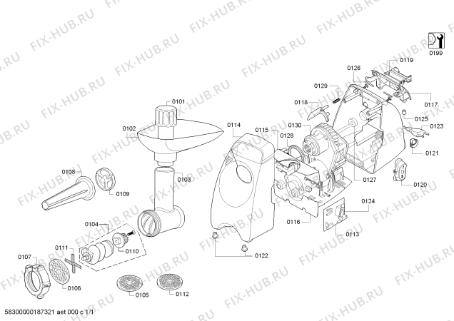 Схема №1 CMM1588S с изображением Корпус для электромясорубки Bosch 12009501