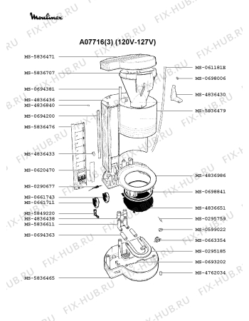 Взрыв-схема кофеварки (кофемашины) Moulinex A07716(3) - Схема узла 9P001394.1P2