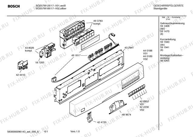 Схема №1 SGS57M12II с изображением Инструкция по эксплуатации для электропосудомоечной машины Bosch 00591469