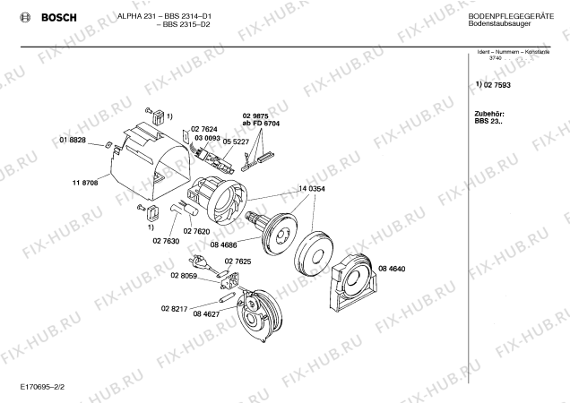 Взрыв-схема пылесоса Bosch BBS2314 ALPHA231 - Схема узла 02