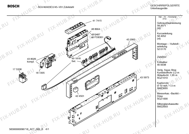 Схема №1 SHV46A23 с изображением Инструкция по эксплуатации для электропосудомоечной машины Bosch 00592071