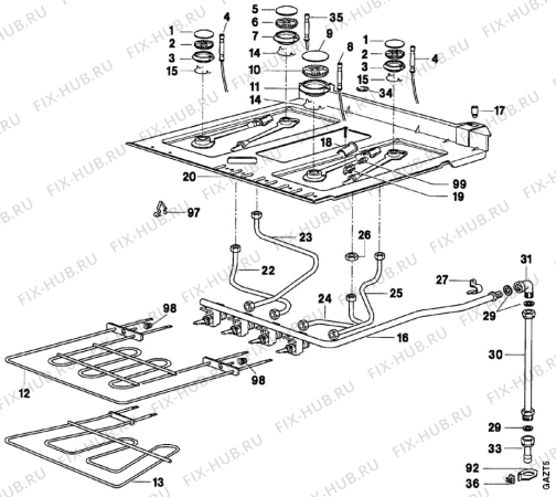 Взрыв-схема плиты (духовки) Faure CCZ627-1 - Схема узла Oven and Top functional parts