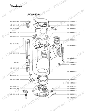 Взрыв-схема кофеварки (кофемашины) Moulinex ACW612(0) - Схема узла KP001593.2P2