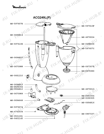 Взрыв-схема кофеварки (кофемашины) Moulinex ACG249L(P) - Схема узла 0P001494.0P2