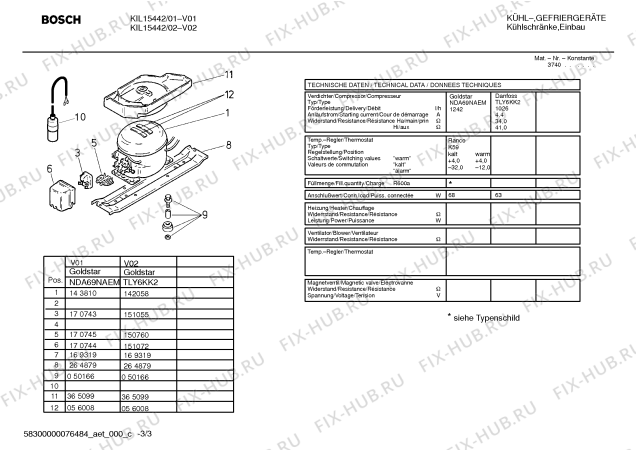 Схема №1 KIL23441CH с изображением Компрессор для холодильника Bosch 00143810