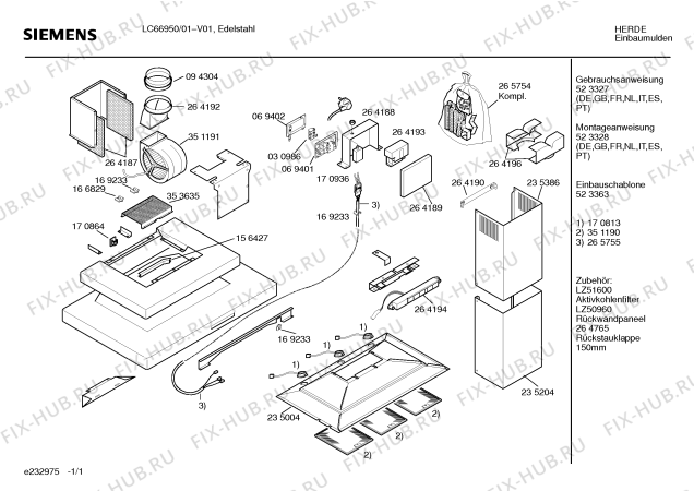 Схема №1 LC66950 с изображением Инструкция по установке/монтажу для вытяжки Siemens 00523363