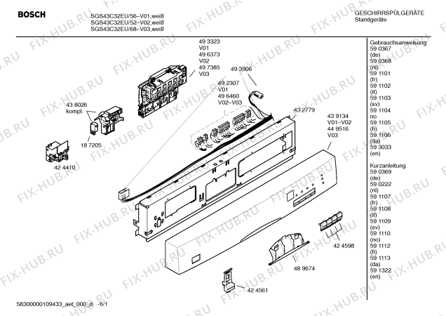 Схема №1 SGS43C32EU с изображением Передняя панель для посудомойки Bosch 00439134