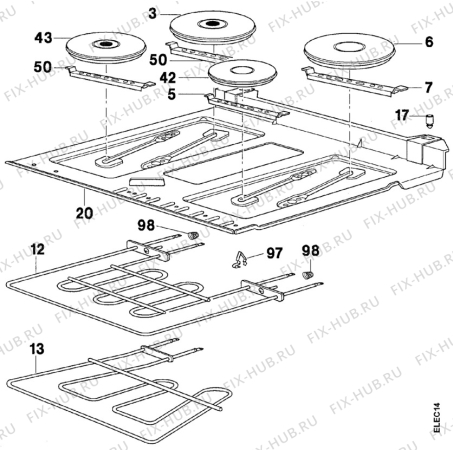 Взрыв-схема плиты (духовки) Faure CCE665W1 - Схема узла Oven and Top functional parts