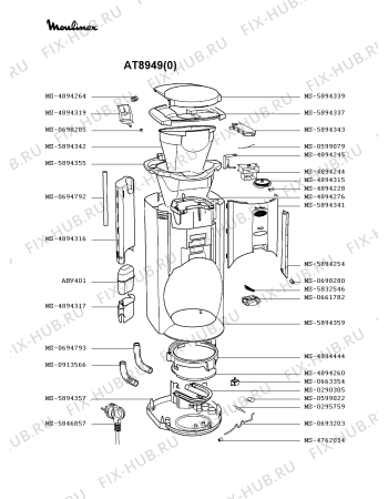 Взрыв-схема кофеварки (кофемашины) Moulinex AT8949(0) - Схема узла 0P001677.6P2