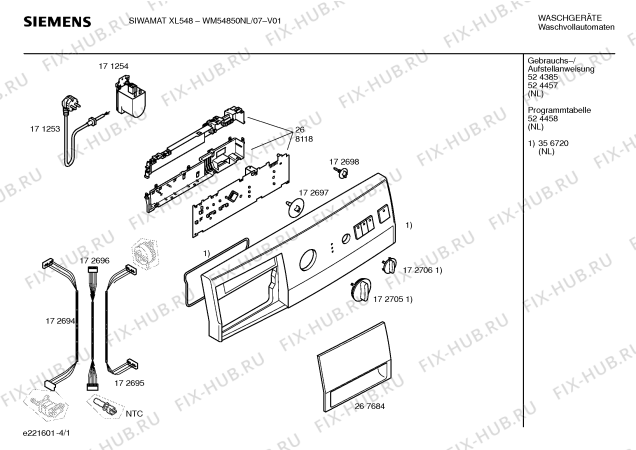 Схема №1 WM54850NL SIWAMAT XL548 electronic с изображением Таблица программ для стиралки Siemens 00524458