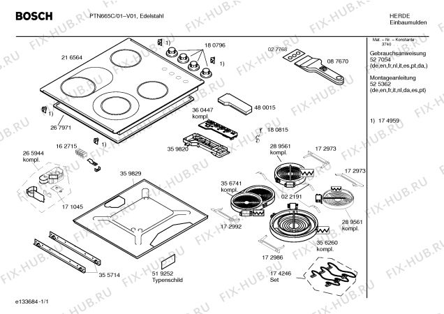 Схема №1 PTN665C с изображением Инструкция по эксплуатации для плиты (духовки) Bosch 00527054