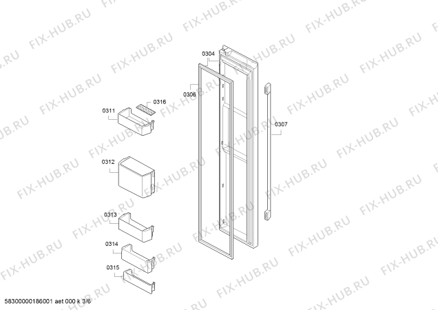 Схема №1 KAN90VI204 Side by side с изображением Дверь для холодильной камеры Bosch 00713993