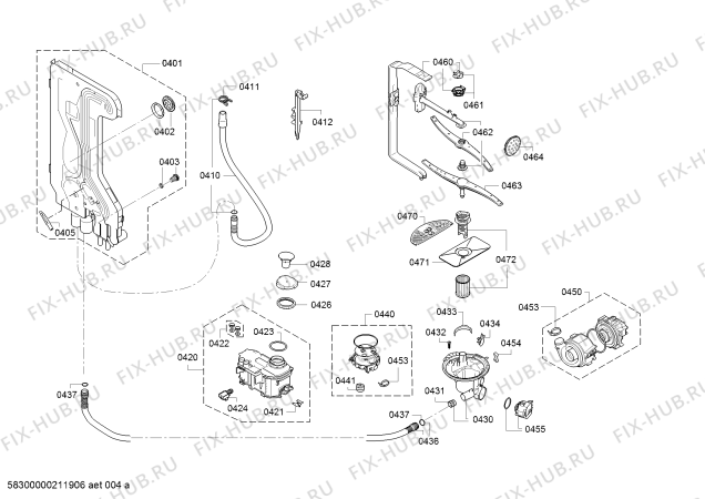 Взрыв-схема посудомоечной машины Bosch SMV25CX00R, SilencePlus, Made in Germany - Схема узла 04