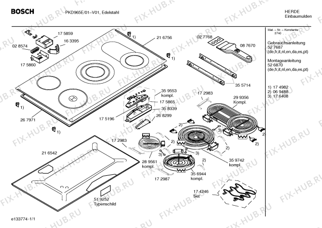 Схема №1 PKD965E с изображением Инструкция по эксплуатации для электропечи Bosch 00527687