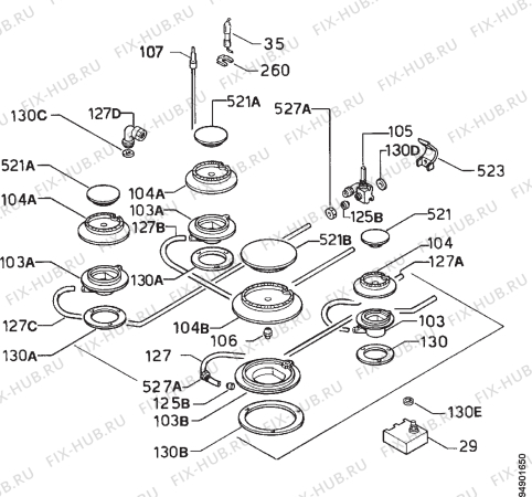 Взрыв-схема плиты (духовки) Rex PBL94V - Схема узла Functional parts 267