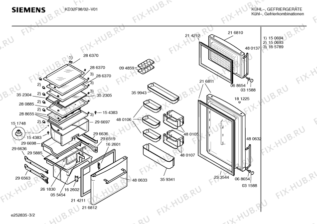 Схема №1 KD32F98 с изображением Передняя панель для холодильника Siemens 00216825