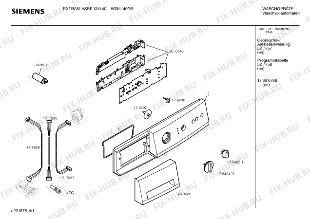 Схема №1 WXM140GB SIEMENS EXTRAKLASSE XM 140 с изображением Панель управления для стиральной машины Siemens 00360766