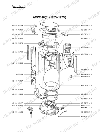 Взрыв-схема кофеварки (кофемашины) Moulinex ACW616(0) - Схема узла 7P001591.9P2