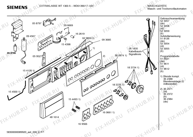 Схема №1 WD61390 EXTRAKLASSE WT1300A с изображением Вкладыш в панель для стиралки Siemens 00362384