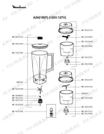 Взрыв-схема блендера (миксера) Moulinex A2421B(P) - Схема узла 6P001113.0P2