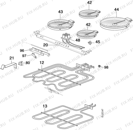 Взрыв-схема плиты (духовки) Electrolux EK6461W1 - Схема узла Oven and Top functional parts