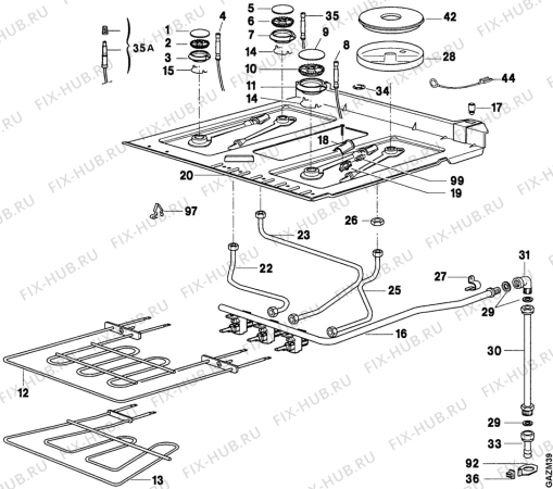 Взрыв-схема плиты (духовки) Arthurmartinelux CM6351W1 - Схема узла Oven and Top functional parts