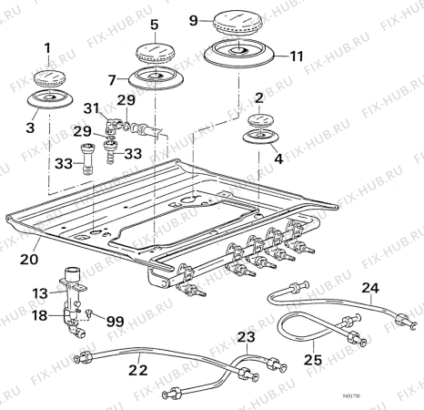 Взрыв-схема плиты (духовки) Zanussi ZC4400W - Схема узла Oven and Top functional parts