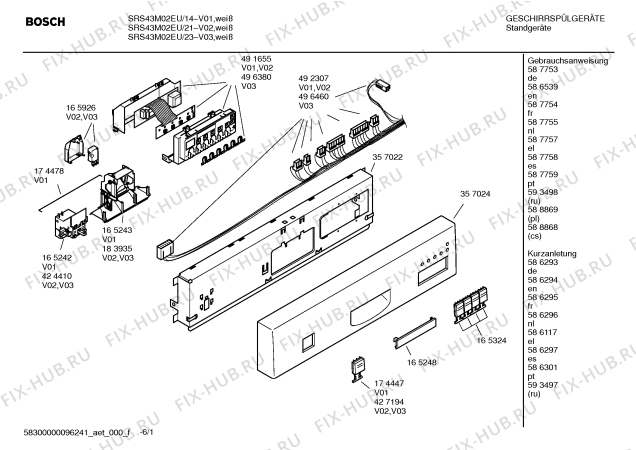 Схема №1 SRS43M02EU с изображением Инструкция по эксплуатации для электропосудомоечной машины Bosch 00593498