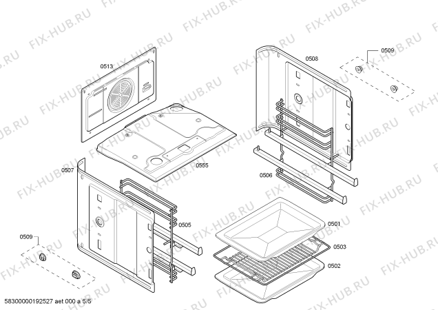 Взрыв-схема плиты (духовки) Siemens HB43GS555 H.SE.NP.L2D.IN.GLASS.S5b.X.E0_C/// - Схема узла 05