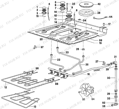 Взрыв-схема плиты (духовки) Arthurmartinelux CM6372-1 - Схема узла Oven and Top functional parts