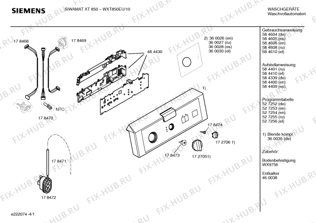 Схема №1 WXT850EU Siemens SIWAMAT XT 850 с изображением Таблица программ для стиралки Siemens 00527254