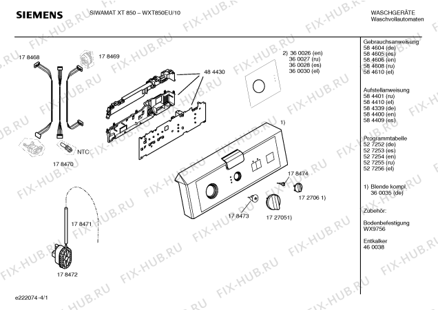 Схема №1 WXT850EU Siemens SIWAMAT XT 850 с изображением Панель управления для стиралки Siemens 00360035