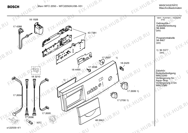 Схема №1 WFO2050AU Maxx WFO 2050 с изображением Инструкция по установке и эксплуатации для стиралки Bosch 00584466