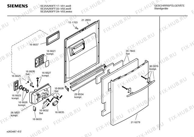 Схема №2 SE25A293FF с изображением Набор кнопок для посудомойки Siemens 00187350