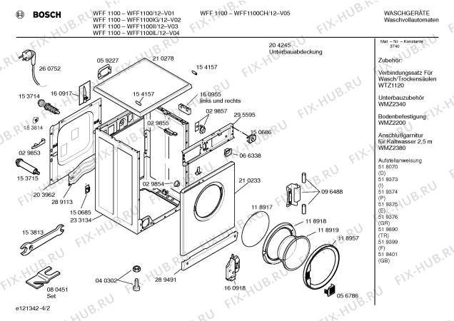 Схема №1 WFF1200 с изображением Таблица программ для стиралки Bosch 00518072