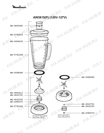 Взрыв-схема блендера (миксера) Moulinex AW3615(P) - Схема узла 1P001184.5P2