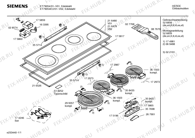 Схема №1 ET79054EU с изображением Инструкция по эксплуатации для плиты (духовки) Siemens 00526858