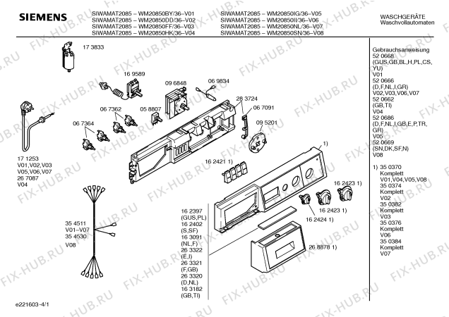 Схема №1 WM20850NL SIWAMAT 2085 с изображением Панель управления для стиральной машины Siemens 00350384