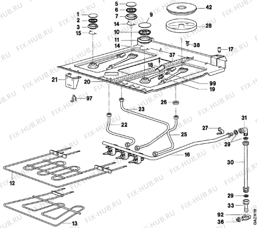 Взрыв-схема плиты (духовки) Faure CCT617-1 - Схема узла Oven and Top functional parts
