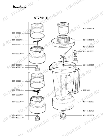 Взрыв-схема блендера (миксера) Moulinex AT2741(1) - Схема узла 7P001307.5P2