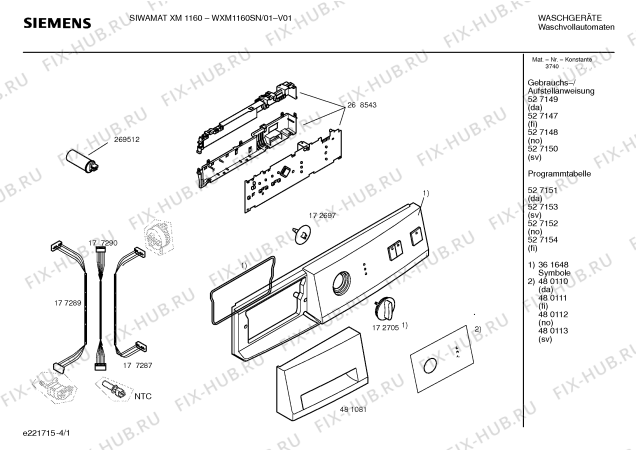 Схема №1 WXM1060SN SIEMENS SIWAMAT XM 1060 с изображением Инструкция по установке и эксплуатации для стиралки Siemens 00527148