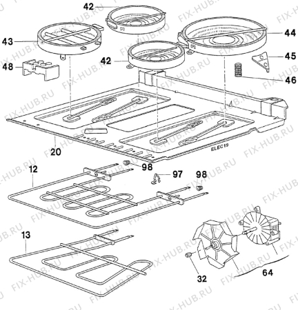 Взрыв-схема плиты (духовки) Electrolux EK6465/3 - Схема узла Oven and Top functional parts