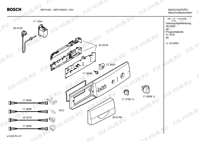 Схема №1 WFH100 Bosch Exclusiv WFH 100 с изображением Панель управления для стиралки Bosch 00432945