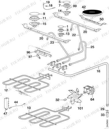 Взрыв-схема плиты (духовки) Faure CMP694W1 - Схема узла Oven and Top functional parts