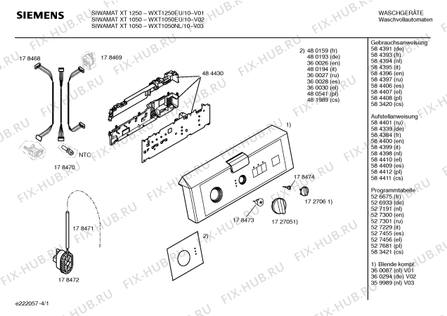 Схема №1 WXT1250EU Siemens SIWAMAT XT 1250 с изображением Панель управления для стиралки Siemens 00360087