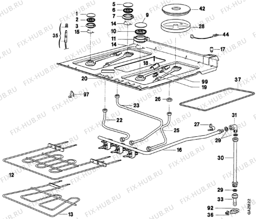 Взрыв-схема плиты (духовки) Arthurmartinelux CM6364-1 - Схема узла Oven and Top functional parts