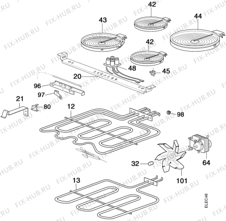 Взрыв-схема плиты (духовки) Electrolux EK6463W1 - Схема узла Oven and Top functional parts