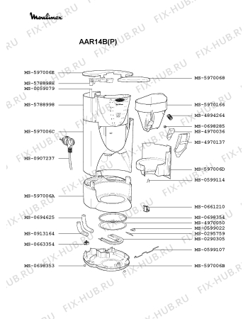 Взрыв-схема кофеварки (кофемашины) Moulinex AAR14B(P) - Схема узла 6P001851.0P2